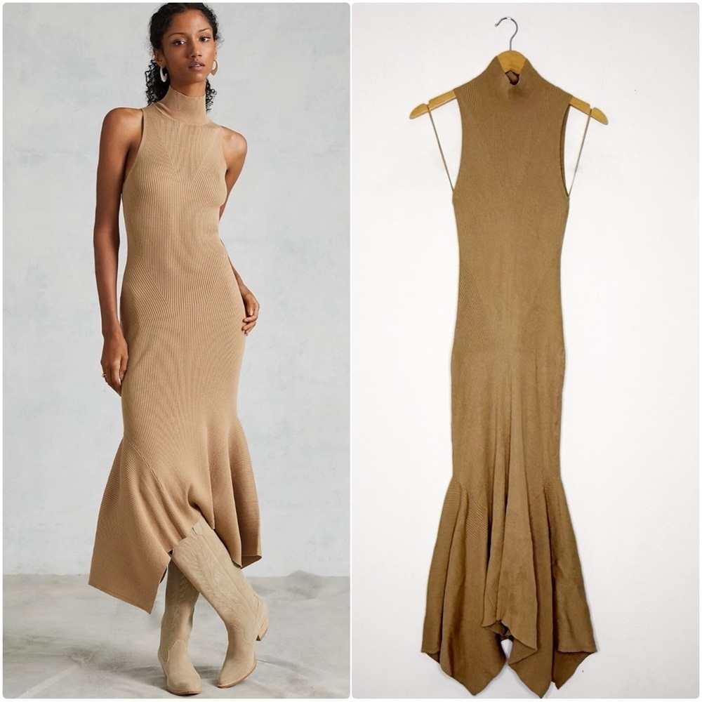 Anthropologie Ribbed Knit Midi Dress Tan Mock Neck XS Mermaid Hem